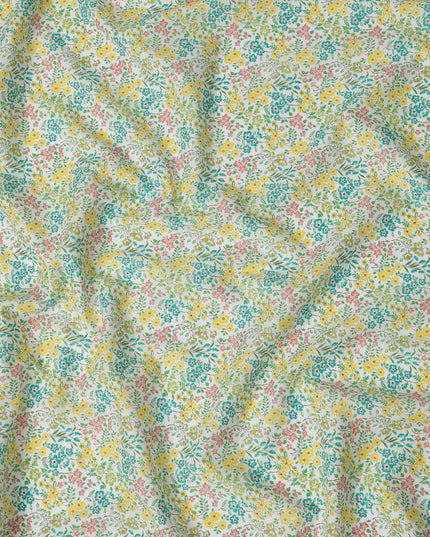 White and Yellow Floral Cotton Lawn Digital Print Fabric - 110 cm Width-D21236