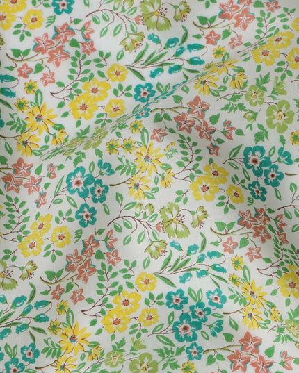 White and Yellow Floral Cotton Lawn Digital Print Fabric - 110 cm Width-D21236