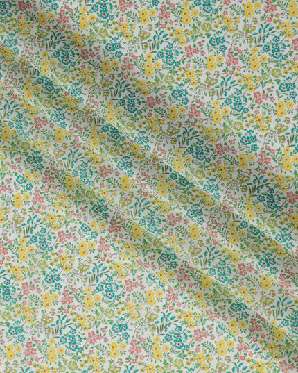 White and Yellow Floral Cotton Lawn Digital Print Fabric - 110 cm Width-D21236