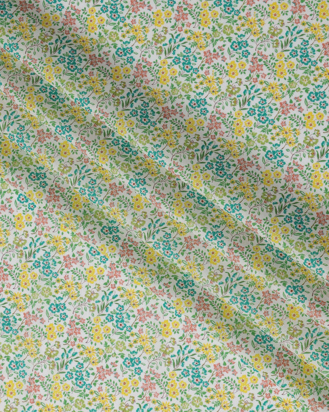 White and Yellow Floral Cotton Lawn Digital Print Fabric - 110 cm Width-D21236