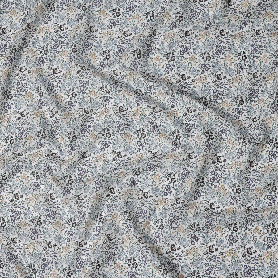 White and Blue Floral Cotton Lawn Digital Print Fabric - 110 cm Width-D21237