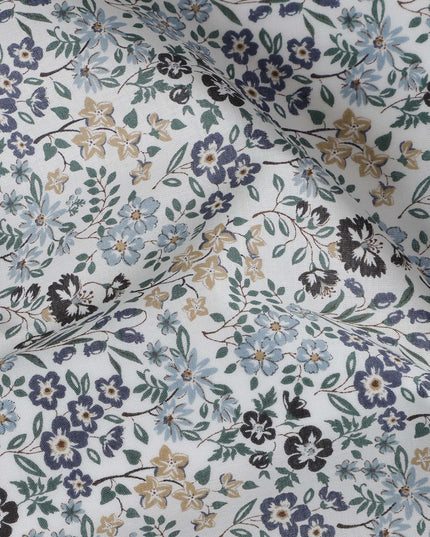 White and Blue Floral Cotton Lawn Digital Print Fabric - 110 cm Width-D21237