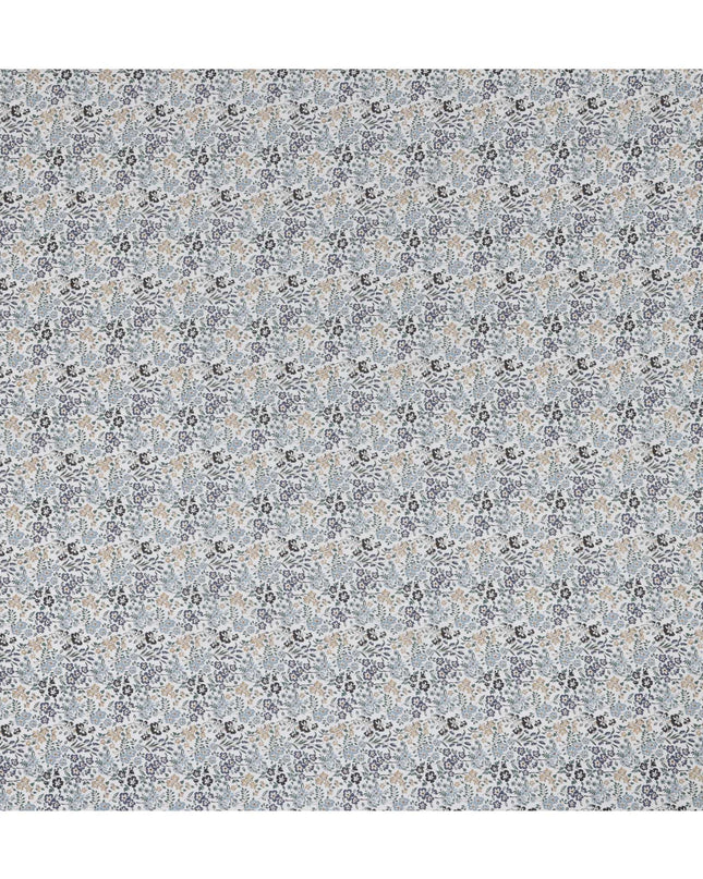 White and Blue Floral Cotton Lawn Digital Print Fabric - 110 cm Width-D21237