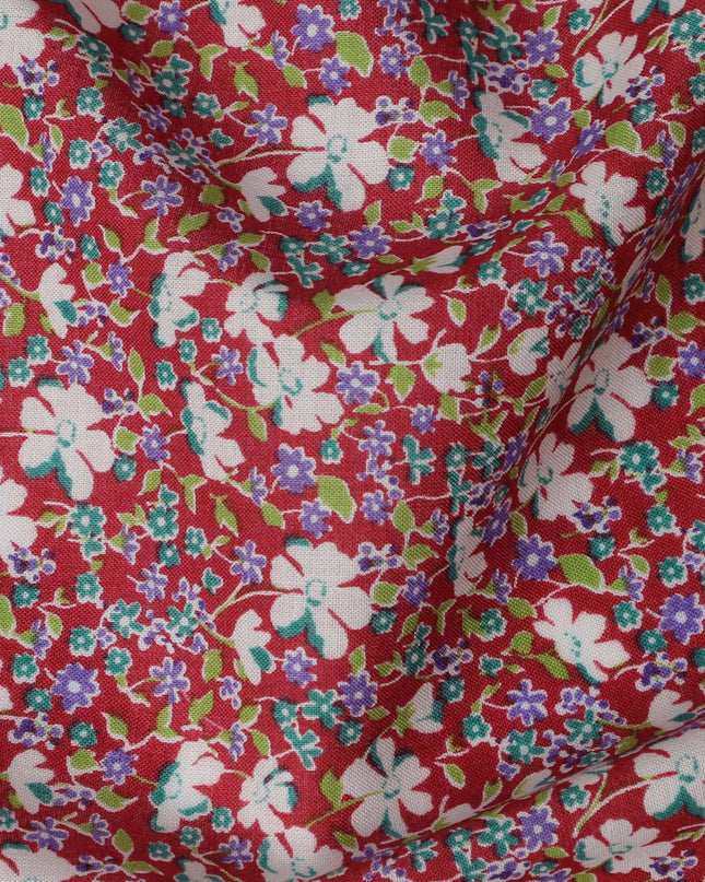 Red and White Floral Cotton Lawn Digital Print Fabric - 110 cm Width-D21239