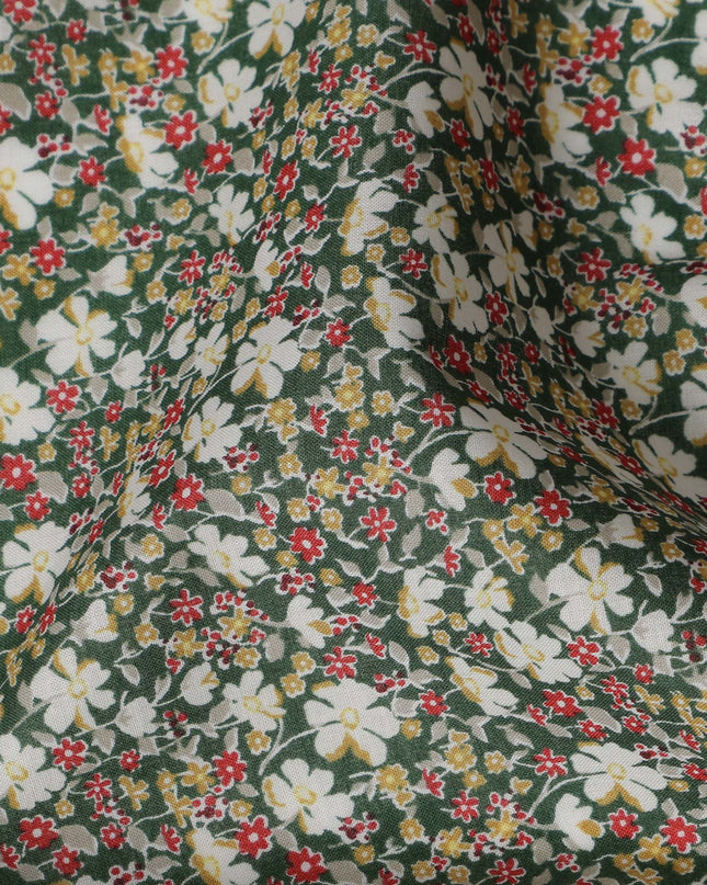 Green and White Floral Cotton Lawn Digital Print Fabric - 110 cm Width-D21240