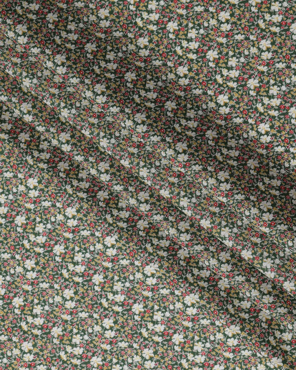 Green and White Floral Cotton Lawn Digital Print Fabric - 110 cm Width-D21240