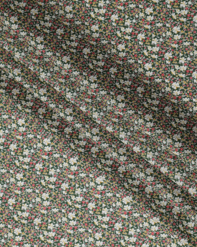 Green and White Floral Cotton Lawn Digital Print Fabric - 110 cm Width-D21240