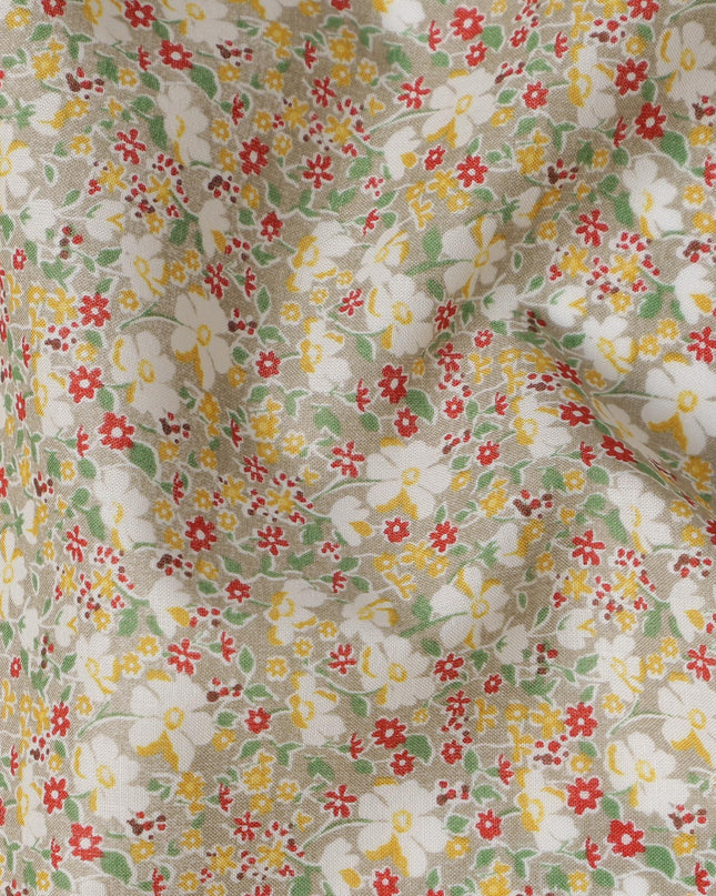 Beige and White Floral Cotton Lawn Digital Print Fabric - 110 cm Width-D21241