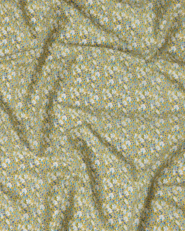 Yellow and White Floral Cotton Lawn Digital Print Fabric - 110 cm Width-D21242