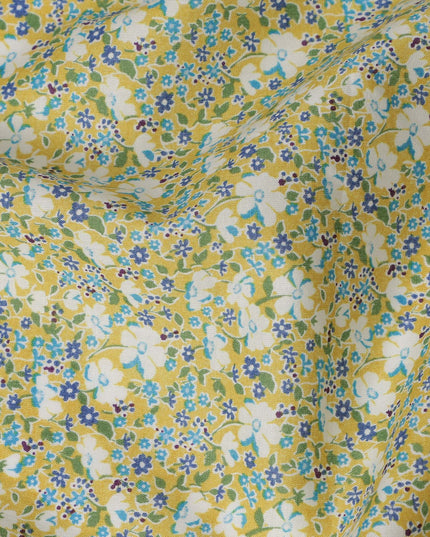 Yellow and White Floral Cotton Lawn Digital Print Fabric - 110 cm Width-D21242