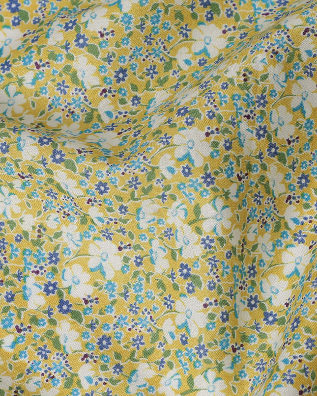 Yellow and White Floral Cotton Lawn Digital Print Fabric - 110 cm Width-D21242