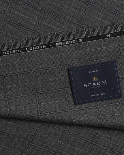 Dark Charcoal Checkered Premium Super 100's SCABAL English All Wool Suiting Fabric, Width 150 Cms, 3.65 Mtrs, United Kingdom-D21448