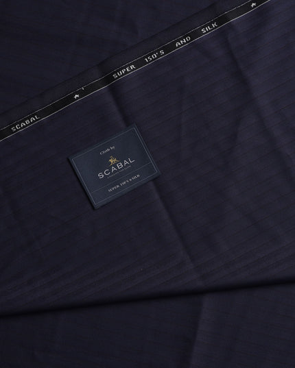 Navy Blue Herringbone Premium Super 150's SCABAL English All Wool Suiting Fabric, Width 150 Cms, 3.65 Mtrs, United Kingdom-D21454