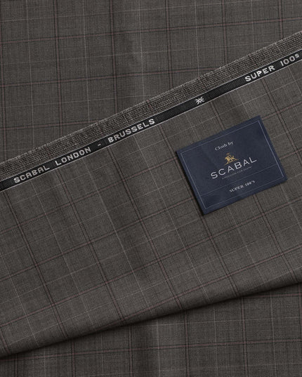 Light Brown with Pink Checks Premium Super 100's SCABAL English All Wool Suiting Fabric, Width 150 Cms, 3.65 Mtrs, United Kingdom-D21456