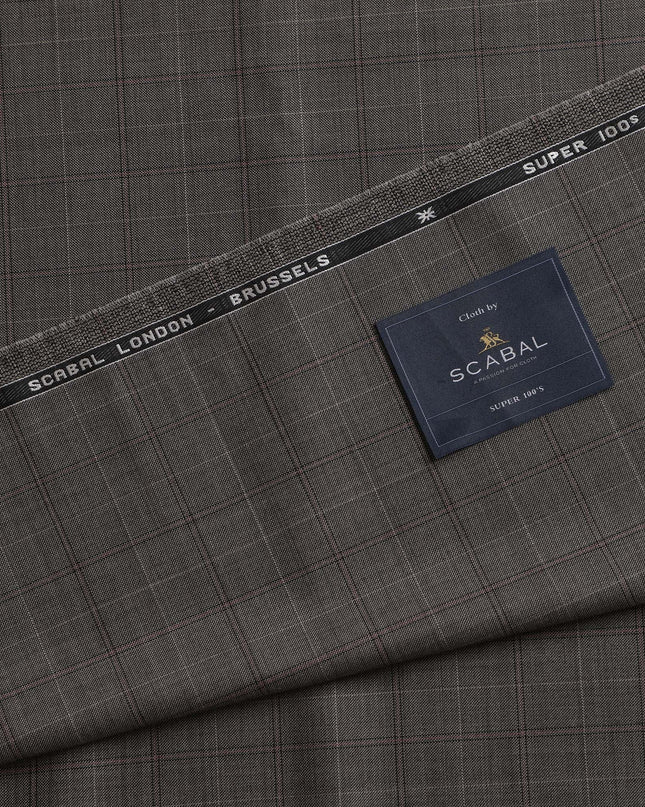 Light Brown with Pink Checks Premium Super 100's SCABAL English All Wool Suiting Fabric, Width 150 Cms, 3.65 Mtrs, United Kingdom-D21456