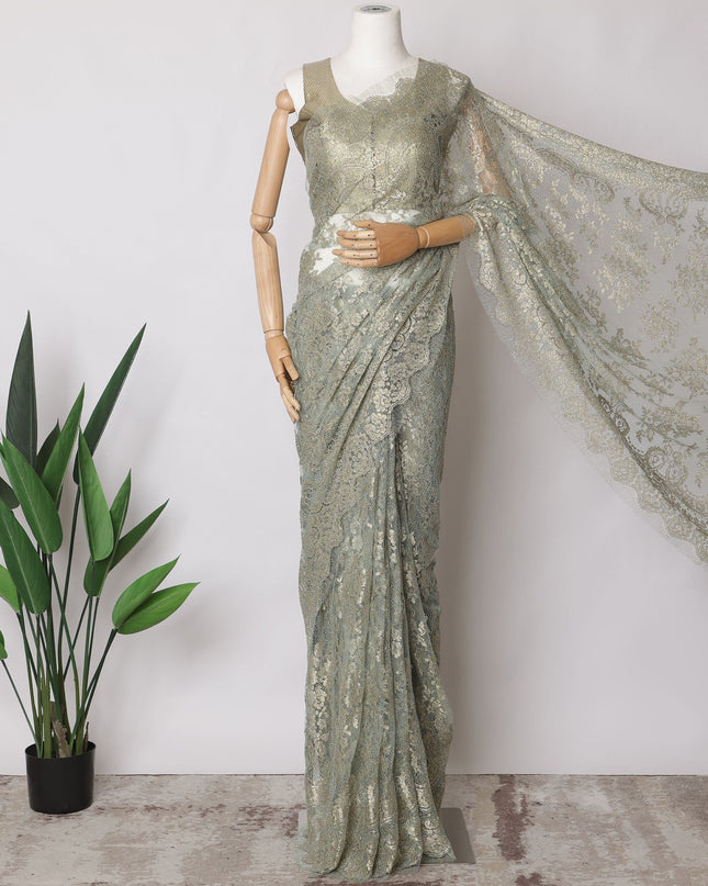 Mint green, Gold Premium French Metallic Chantilly Saree Lace Fabric, 5.5 MetersX110 Cms-D21499 - Regal Fabrics