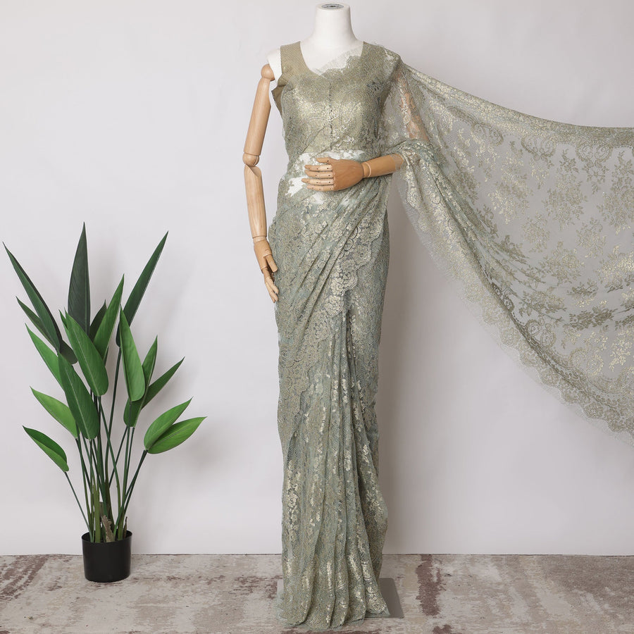 Mint green, Gold Premium French Metallic Chantilly Saree Lace Fabric, 5.5 MetersX110 Cms-D21499