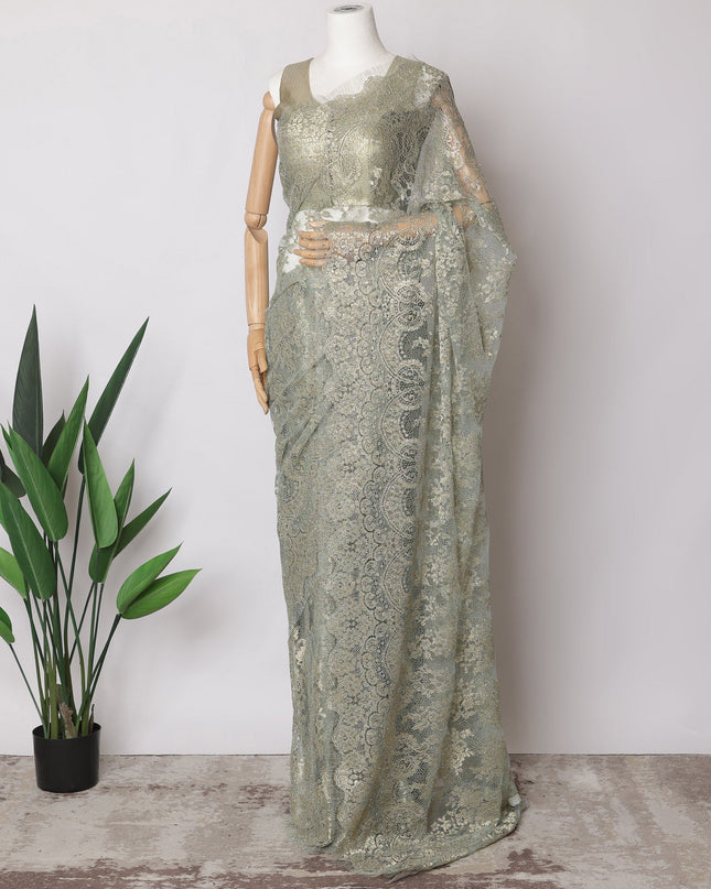 Mint green, Gold Premium French Metallic Chantilly Saree Lace Fabric, 5.5 MetersX110 Cms-D21499 - Regal Fabrics