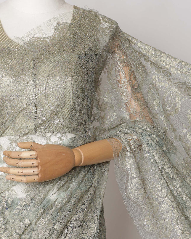 Mint green, Gold Premium French Metallic Chantilly Saree Lace Fabric, 5.5 MetersX110 Cms-D21499 - Regal Fabrics