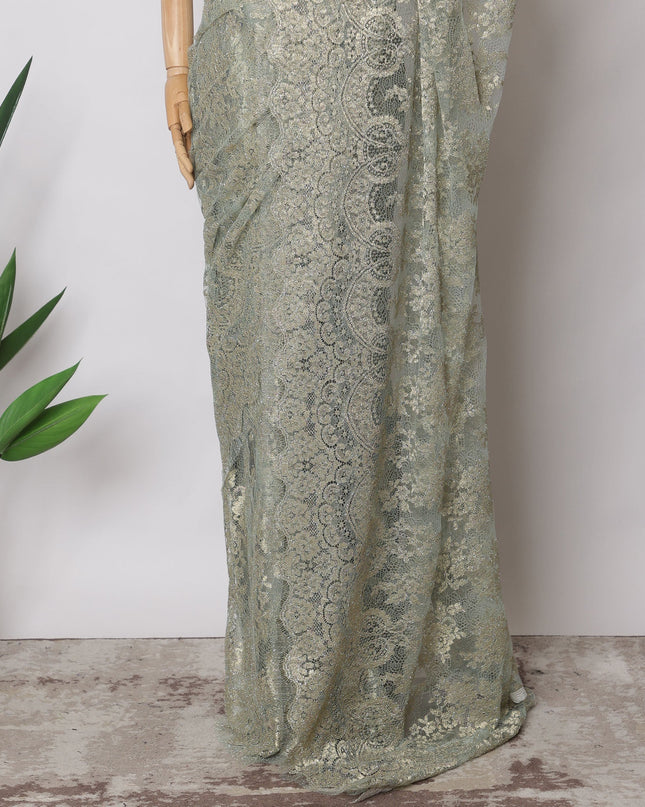 Mint green, Gold Premium French Metallic Chantilly Saree Lace Fabric, 5.5 MetersX110 Cms-D21499 - Regal Fabrics