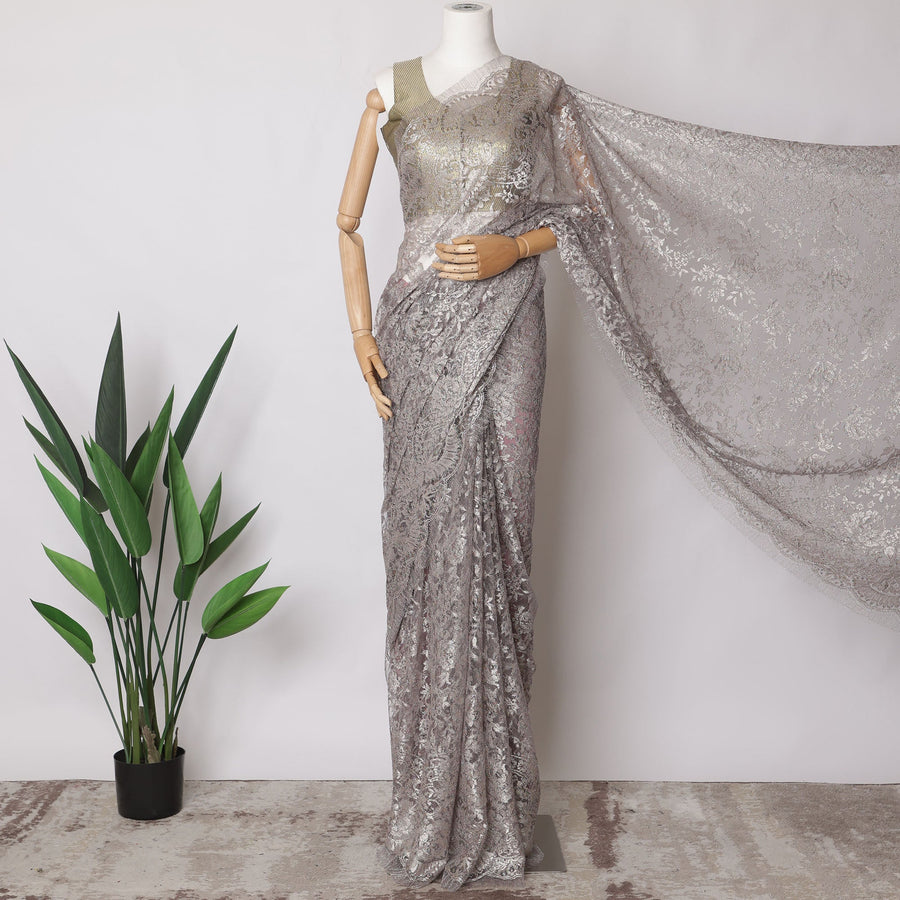 Lavender Grey Premium French Metallic Chantilly Saree Lace Fabric, 5.5 MetersX110 Cms-D21500