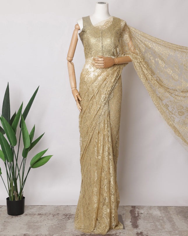 Gold Premium French Metallic Chantilly Saree Lace Fabric, 5.5 MetersX110 Cms-D21501 - Regal Fabrics