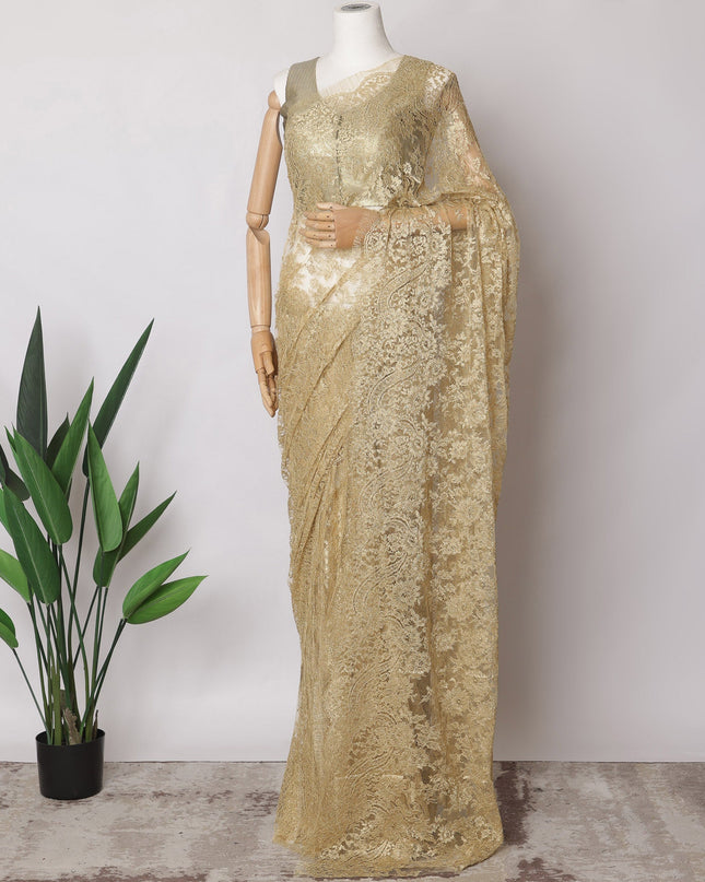 Gold Premium French Metallic Chantilly Saree Lace Fabric, 5.5 MetersX110 Cms-D21501 - Regal Fabrics