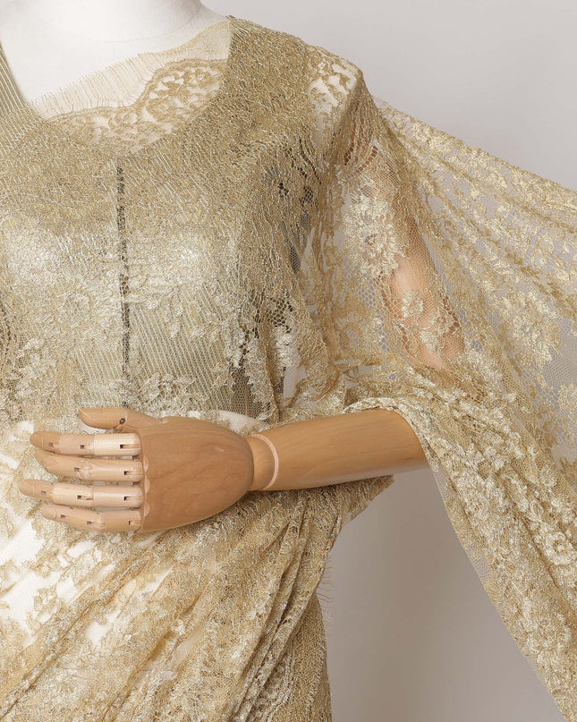 Gold Premium French Metallic Chantilly Saree Lace Fabric, 5.5 MetersX110 Cms-D21501 - Regal Fabrics