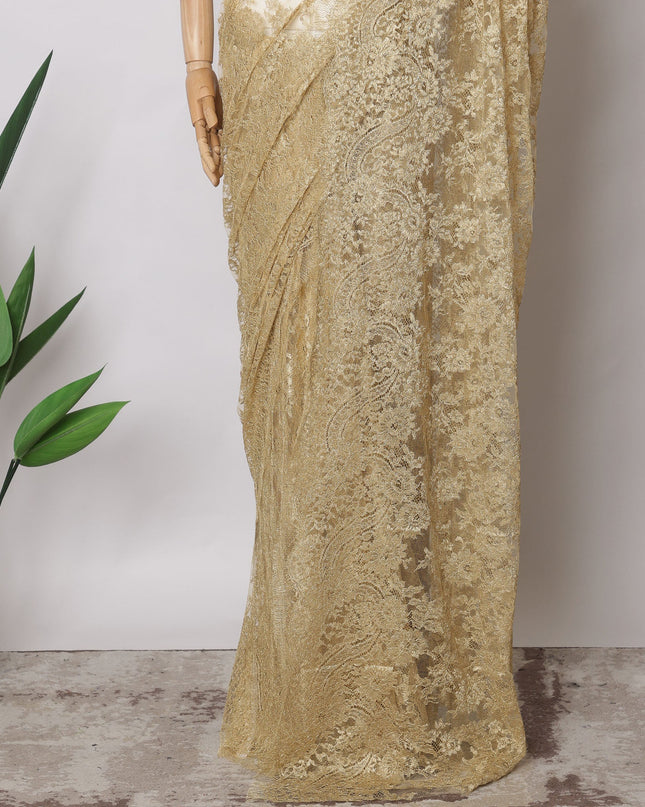 Gold Premium French Metallic Chantilly Saree Lace Fabric, 5.5 MetersX110 Cms-D21501 - Regal Fabrics