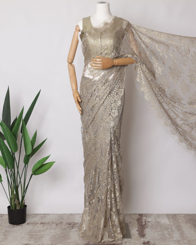 Rhino Grey, Gold Premium French Metallic Chantilly Saree Lace Fabric, 5.5 MetersX110 Cms-D21502 Regal Fabrics
