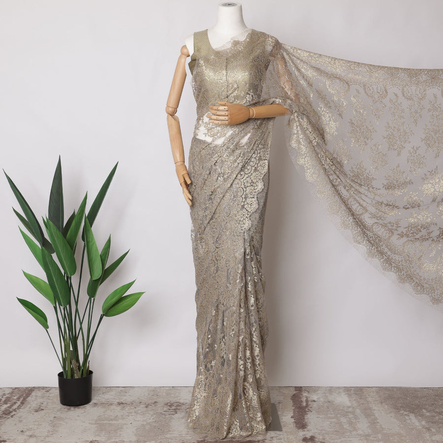 Rhino Grey, Gold Premium French Metallic Chantilly Saree Lace Fabric, 5.5 MetersX110 Cms-D21502