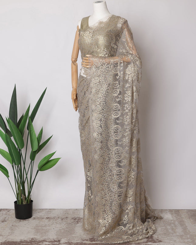 Rhino Grey, Gold Premium French Metallic Chantilly Saree Lace Fabric, 5.5 MetersX110 Cms-D21502 Regal Fabrics