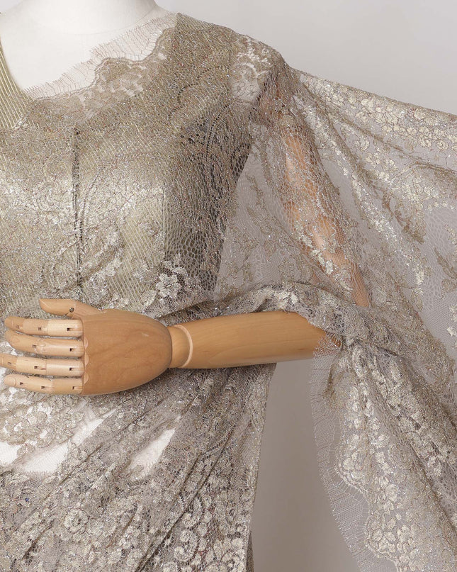 Rhino Grey, Gold Premium French Metallic Chantilly Saree Lace Fabric, 5.5 MetersX110 Cms-D21502 Regal Fabrics