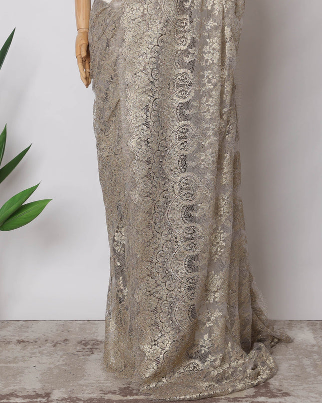 Rhino Grey, Gold Premium French Metallic Chantilly Saree Lace Fabric, 5.5 MetersX110 Cms-D21502 Regal Fabrics