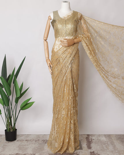 Honey Gold Premium French Metallic Chantilly Saree Lace Fabric, 5.5 MetersX110 Cms-D21503