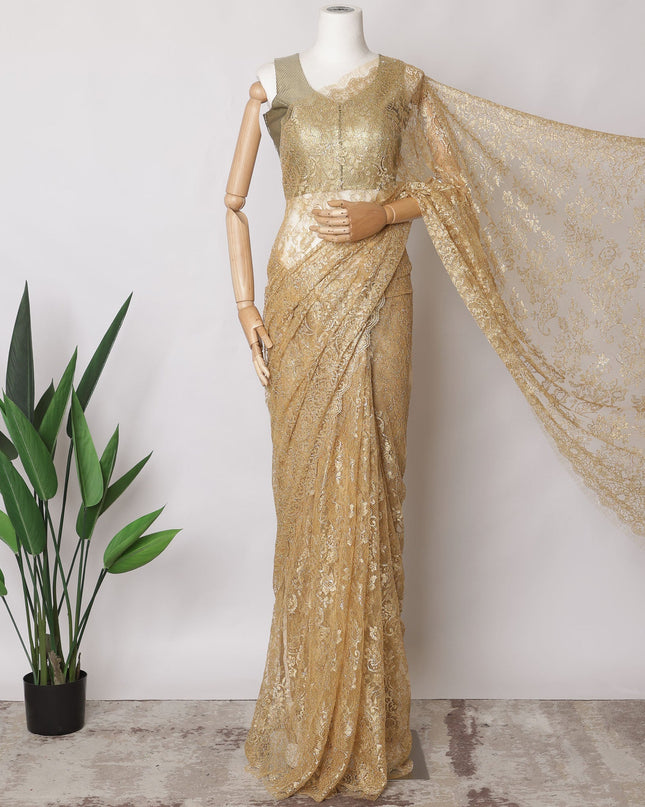 Honey Gold Premium French Metallic Chantilly Saree Lace Fabric, 5.5 MetersX110 Cms-D21503