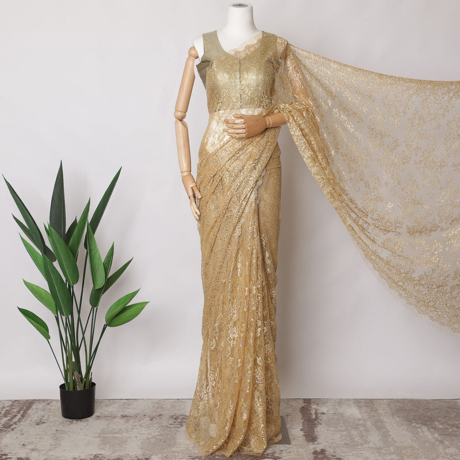 Honey Gold Premium French Metallic Chantilly Saree Lace Fabric, 5.5 MetersX110 Cms-D21503