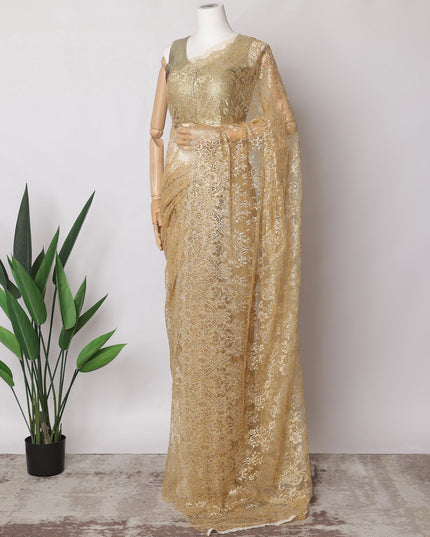 Honey Gold Premium French Metallic Chantilly Saree Lace Fabric, 5.5 MetersX110 Cms-D21503