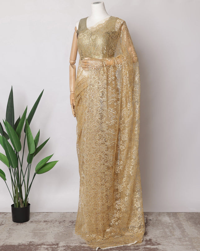 Honey Gold Premium French Metallic Chantilly Saree Lace Fabric, 5.5 MetersX110 Cms-D21503