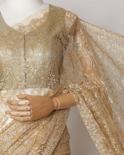 Honey Gold Premium French Metallic Chantilly Saree Lace Fabric, 5.5 MetersX110 Cms-D21503