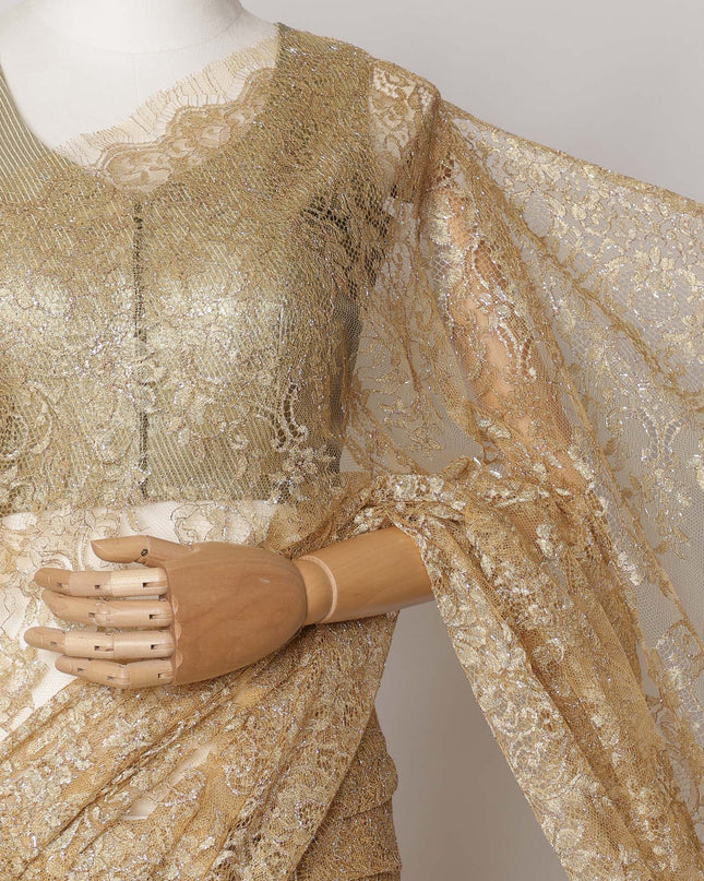 Honey Gold Premium French Metallic Chantilly Saree Lace Fabric, 5.5 MetersX110 Cms-D21503