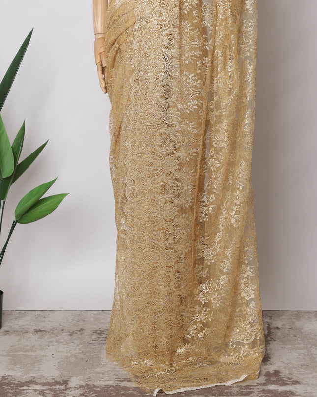 Honey Gold Premium French Metallic Chantilly Saree Lace Fabric, 5.5 MetersX110 Cms-D21503