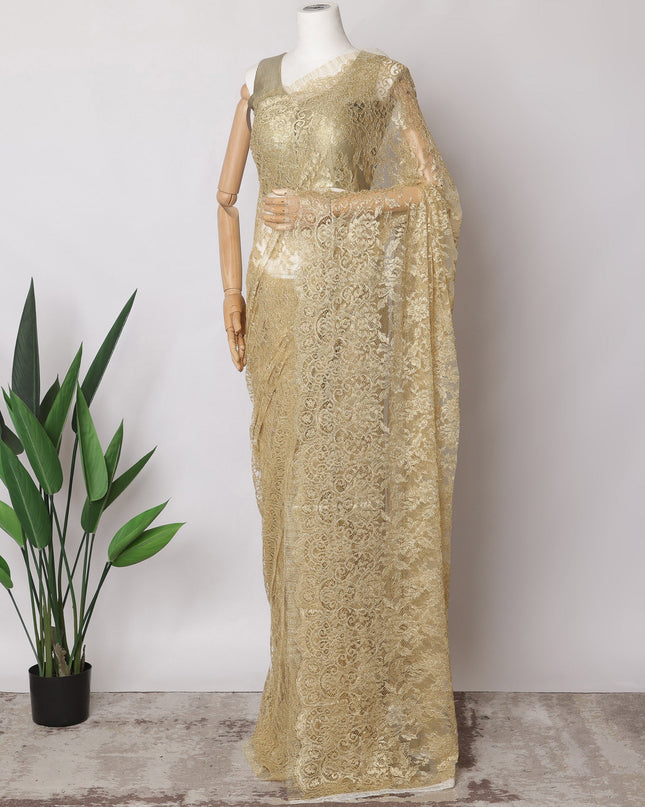 قماش ساري شانتيلي فرنسي معدني فاخر باللون الذهبي الشمبانيا، 5.5 متر × 110 سم - D21504