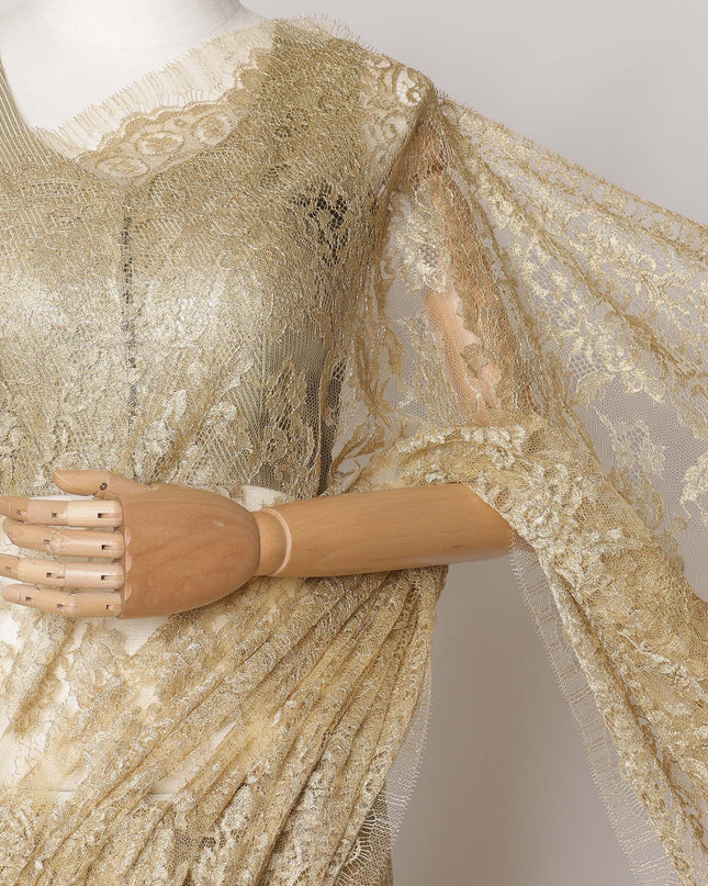 قماش ساري شانتيلي فرنسي معدني فاخر باللون الذهبي الشمبانيا، 5.5 متر × 110 سم - D21504