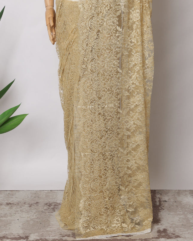 قماش ساري شانتيلي فرنسي معدني فاخر باللون الذهبي الشمبانيا، 5.5 متر × 110 سم - D21504