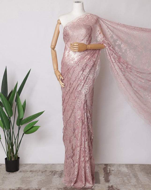 Dusty Pink Premium French Metallic Chantilly Saree Lace Fabric, 5.5 MetersX110 Cms-D21505 - Regal Fabrics