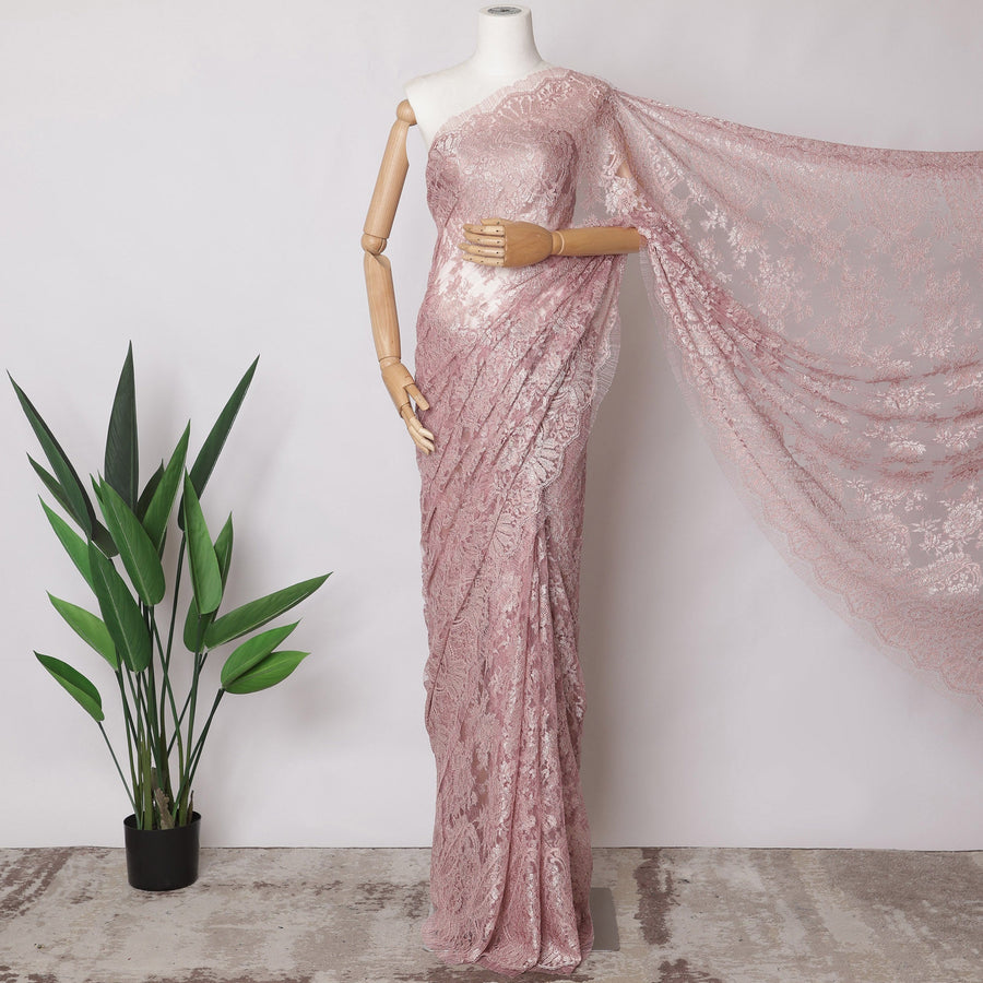Dusty Pink Premium French Metallic Chantilly Saree Lace Fabric, 5.5 MetersX110 Cms-D21505