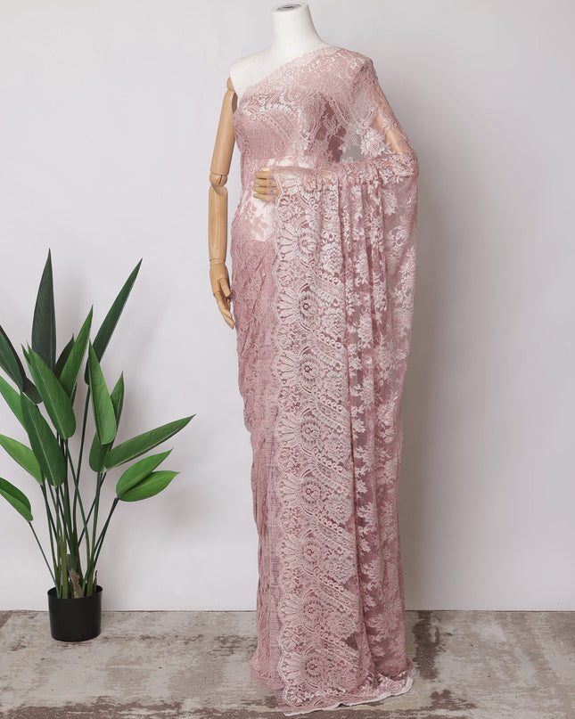 Dusty Pink Premium French Metallic Chantilly Saree Lace Fabric, 5.5 MetersX110 Cms-D21505 - Regal Fabrics