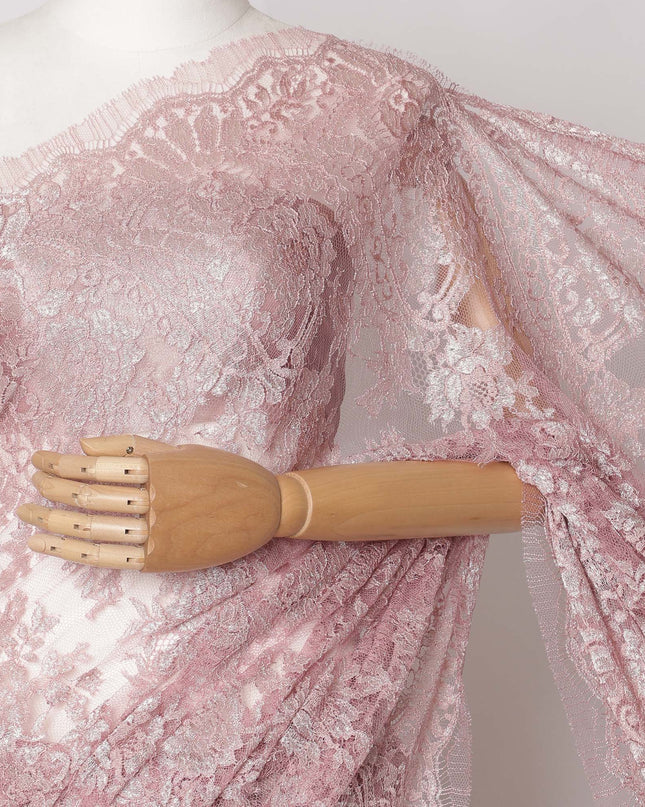 Dusty Pink Premium French Metallic Chantilly Saree Lace Fabric, 5.5 MetersX110 Cms-D21505 - Regal Fabrics