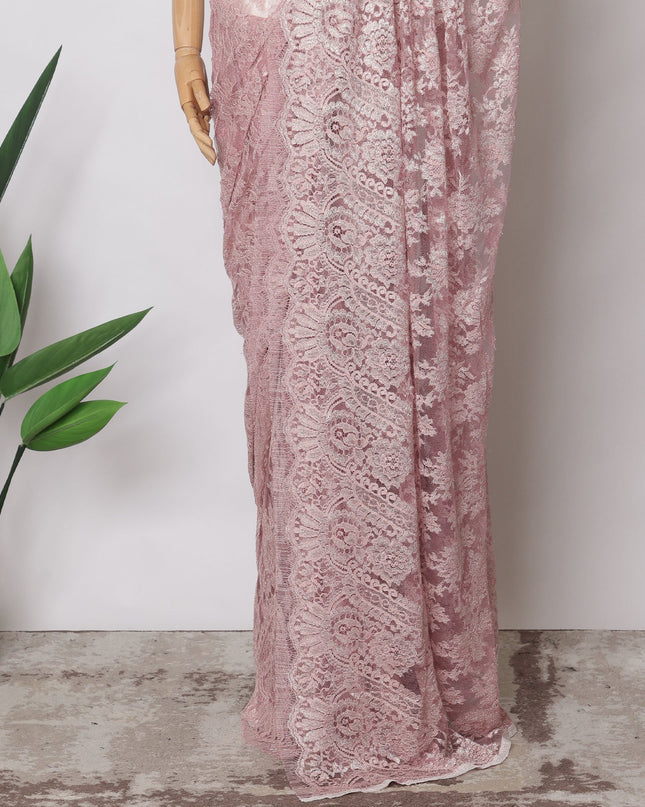 Dusty Pink Premium French Metallic Chantilly Saree Lace Fabric, 5.5 MetersX110 Cms-D21505 - Regal Fabrics